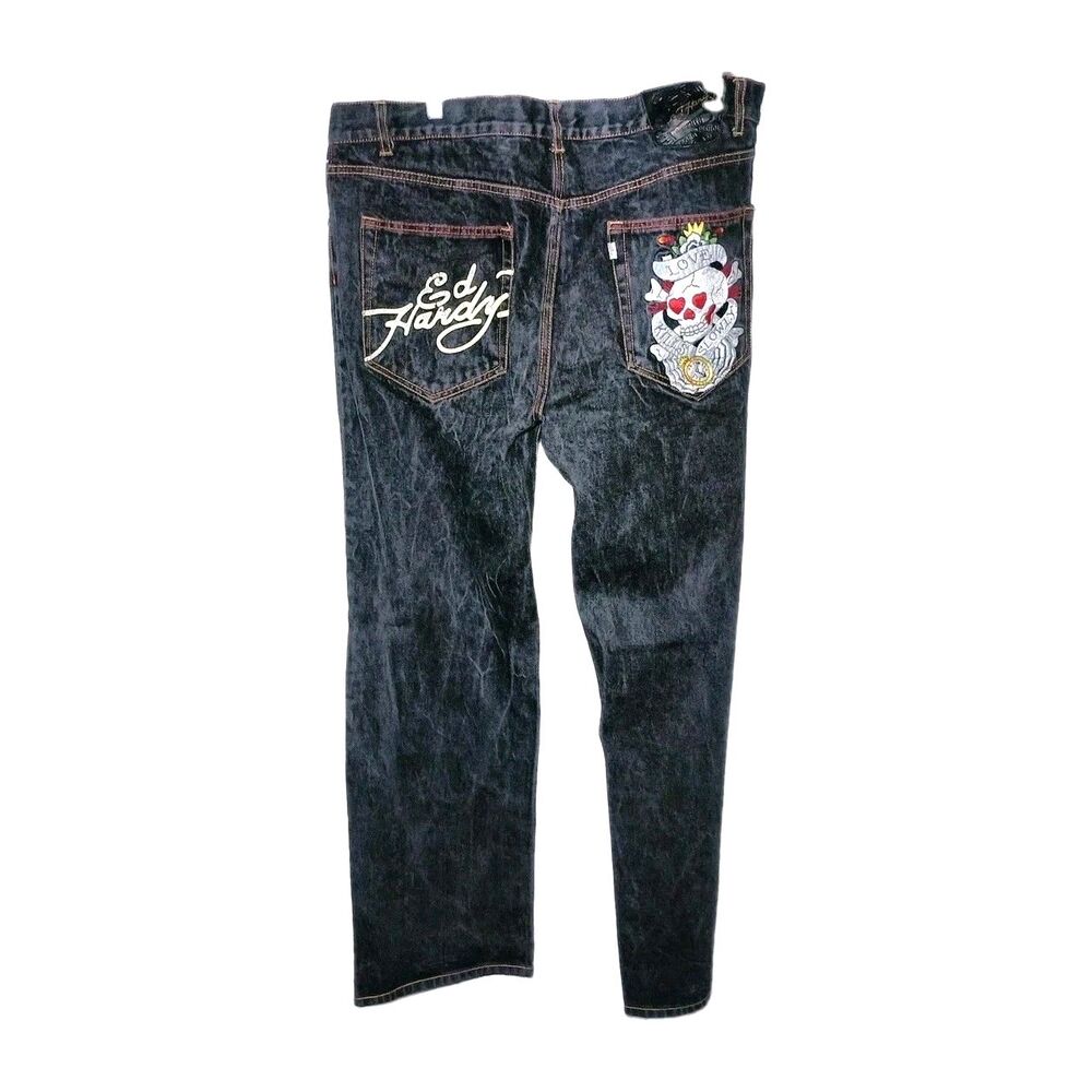 Ed Hardy Christian Audigier Y2K Wide Leg Jeans 42x34 Love Kills Slowly Skull